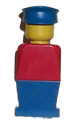 Legoland figure with a red torso, blue legs, and wearing a blue hat - old033