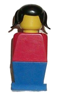 Legoland Figure Black Pigtails Hair - Legoland figure with red torso, black pigtails hair, and blue legs - old034