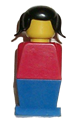Legoland figure with red torso, black pigtails hair, and blue legs - old034