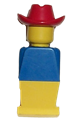 Legoland figure wearing a red cowboy hat with a blue torso and yellow legs - old041