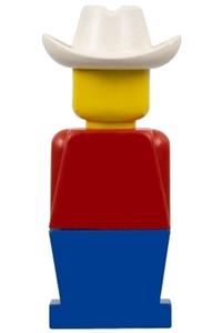 Legoland Figure White Cowboy Hat - Legoland figure with a red torso, blue legs, and wearing a white cowboy hat - old043