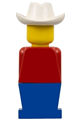 Legoland figure with a red torso, blue legs, and wearing a white cowboy hat - old043