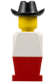 Legoland figure with a white torso and red legs, topped with a black cowboy hat - old044