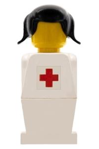 Legoland Figure Red Cross Sticker - Legoland figure - White Torso, White Legs, Black Pigtails Hair, Red Cross Sticker - old046s