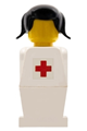 Legoland figure - White Torso, White Legs, Black Pigtails Hair, Red Cross Sticker - old046s