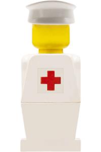Legoland Figure Red Cross Sticker - Legoland figure with white torso and legs, wearing a white hat with a red cross sticker - old047s