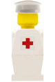 Legoland figure with white torso and legs, wearing a white hat with a red cross sticker - old047s