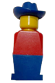Legoland figure with a red torso, blue legs, and a blue cowboy hat - old051