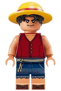 Monkey D. Luffy Minifigure - Monkey D. Luffy with black hair, wearing a straw hat and a closed mouth grin - op016
