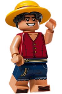 Monkey D. Luffy Minifigure - Monkey D. Luffy with straw hat, black hair, and open mouth smile/angry expression - op018