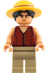 Monkey D. Luffy Minifigure - Monkey D. Luffy with a straw hat over black hair and dark tan legs - op027