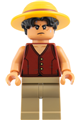 Monkey D. Luffy with a straw hat over black hair and dark tan legs - op027