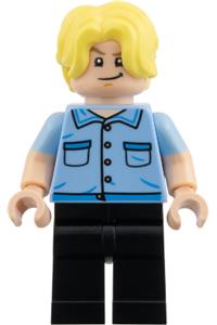 Sanji Vinsmoke Minifigure - Sanji Vinsmoke wearing a bright light blue shirt and black legs - op028