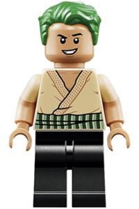 Roronoa Zoro Minifigure - Roronoa Zoro with hair, wearing a tan shirt, showing an open mouth scowl or open mouth grin - op045