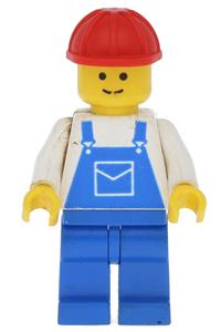 Hardhat Jones Minifigure - Minifigure wearing blue overalls with a pocket, paired with blue legs and a red construction helmet - ovr001