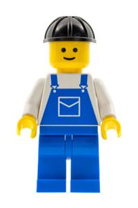 Male with Blue Overalls Minifigure - Minifigure wearing blue overalls with a pocket, blue legs, and a black construction helmet - ovr002