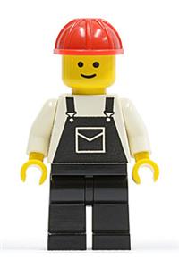 Male with Black Overalls Minifigure - Minifigure with black overalls with a pocket, black legs, and a red construction helmet - ovr007
