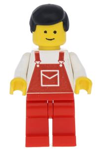 Male with Red Overalls Minifigure - Male minifigure with black hair wearing red overalls with a pocket and red legs - ovr010