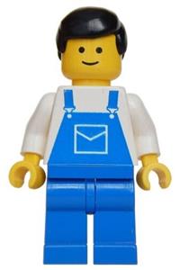Male with Blue Overalls Minifigure - Male minifigure in blue overalls with a pocket, brown hair, and blue legs - ovr012
