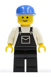Male with Black Overalls Minifigure - Minifigure wearing black overalls with a pocket and black legs, topped with a blue cap - ovr013