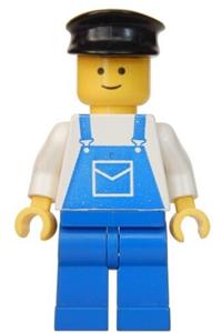 Male with Blue Overalls Minifigure - Minifigure wearing blue overalls with a pocket, blue legs, and a black hat - ovr015
