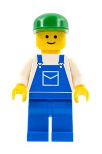 Male with Blue Overalls Minifigure - Minifigure wearing blue overalls with pocket, blue legs, and a green cap - ovr016