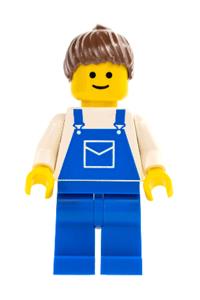 Female with Blue Overalls - Minifigure wearing blue overalls with pocket, blue legs, and brown ponytail hair - ovr017