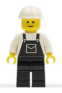 Male with Black Overalls Minifigure - Minifigure wearing black overalls with a pocket, black legs, and a white construction helmet - ovr021