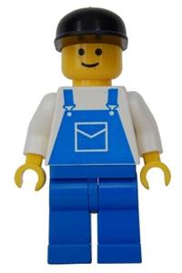 Male with Blue Overalls Minifigure - Minifigure wearing blue overalls with a pocket, blue legs, and a black cap - ovr022