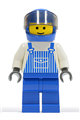 Minifigure wearing blue overalls with a pocket, blue legs, a blue helmet, and a trans-black visor - ovr024