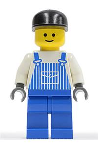 Male with Overalls Minifigure - Minifigure wearing blue striped overalls with a pocket, black cap, standard grin, and blue legs - ovr025