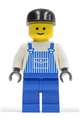Minifigure wearing blue striped overalls with a pocket, black cap, standard grin, and blue legs - ovr025