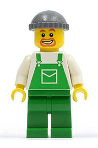 Male with Green Overalls Minifigure - Minifigure wearing green overalls with a pocket, green legs, a dark bluish gray knit cap, and a beard - ovr027