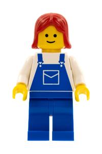 Female with Blue Overalls - Female minifigure with red hair wearing blue overalls with a pocket and blue legs - ovr029