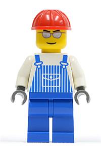 Male with Overalls Minifigure - Minifigure wearing blue striped overalls with a pocket, blue legs, a red construction helmet, and silver glasses with eyebrows - ovr030
