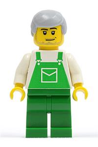 Male with Green Overalls Minifigure - Minifigure with green overalls with pocket, green legs, and light bluish gray male hair - ovr032