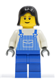 Female minifigure with black hair wearing striped blue overalls with a pocket and blue legs - ovr033