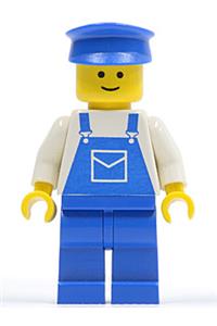 Male with Blue Overalls Minifigure - Minifigure wearing blue overalls with a pocket and a blue hat, with matching blue legs - ovr034