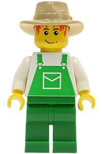 Male with Green Overalls Minifigure - Minifigure wearing green overalls with a pocket, green legs, and a tan fedora - ovr036