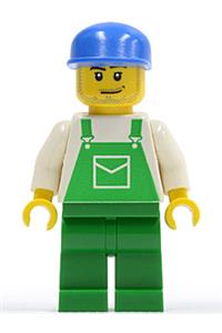 Male with Green Overalls Minifigure - Minifigure wearing green overalls with a pocket, green legs, blue cap with a long flat bill, and a smirk with stubble beard - ovr037