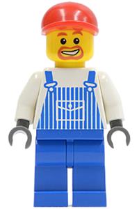 Male with Overalls Striped Blue with Pocket, Blue Legs, Red Short Bill Cap, Beard around Mouth ovr038