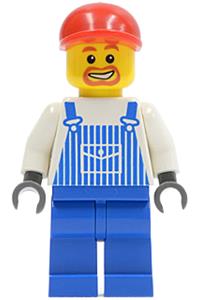 Wind Turbine Worker Minifigure - Male Wind Turbine Worker with Overalls Striped Blue with Pocket, Blue Legs, Red Short Bill Cap, Beard around Mouth - ovr038