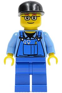 Wind Turbine Worker Minifigure - Male with Overalls with Tools in Pocket Blue, Black Cap, Glasses - ovr039