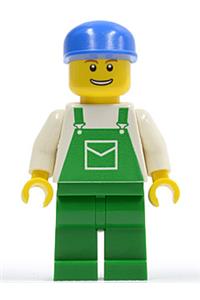 Male with Green Overalls Minifigure - Minifigure wearing green overalls with a pocket, green legs, a blue cap, and a thin grin with teeth - ovr040