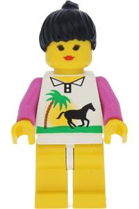 Paradisa Female Minifigure - Minifigure with black ponytail hair, yellow legs, horse, and palm accessories - par002
