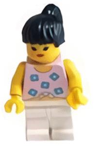 Paradisa Female in Blue Flowers Shirt - Minifigure with black ponytail hair and white legs, wearing blue flowers - par003