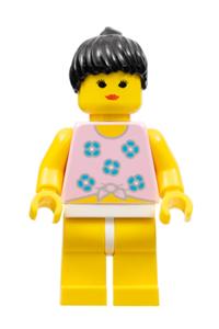Paradisa Female in Blue Flowers Shirt - Minifigure with yellow legs and black ponytail hair, wearing blue flowers on the body - par004