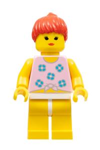 Paradisa Female Minifigure - Female Paradisa minifigure with blue flowers, yellow legs, and red ponytail hair - par006