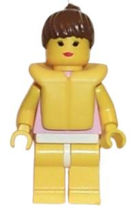 Paradisa Female Minifigure - Minifigure with a gray and white collar, yellow legs, brown ponytail hair, and a life jacket - par007