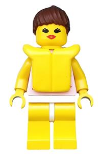Paradisa Red Dots on Pink Shirt - Minifigure with red dots on pink shirt, yellow legs, brown ponytail hair, and life jacket - par010